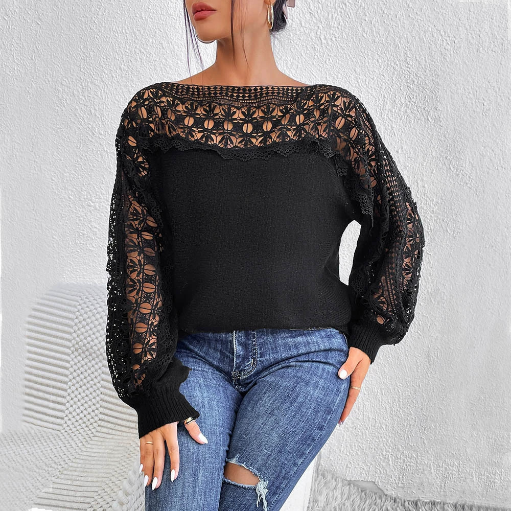 Zara Boat Neck Embroidered Lace Cut Out Pullover Long Sleeve Sweater